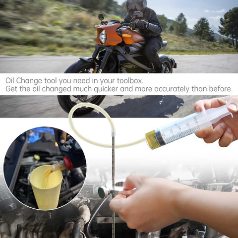 Motorcycle with a rider and All In One Front Fork Maintenance Kit For Motorcycles, Fork Seal Saver Cleaner 45mm To 55mm, syringe detail