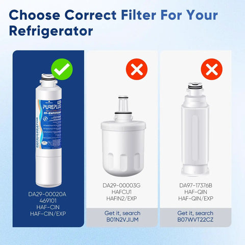 Comparison of Replacement Refrigerator Water Filter DA29 00020B NSF ANSI 53 And 42 Certified for Samsung model selection.