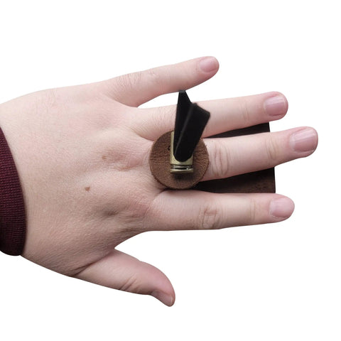 Barebow Finger Tab With Suede And Leather Ledge, Adjustable Strap, Double Leather Layers, Ambidextrous, Medium Size, Brown on hand