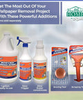 Wallpaper removal set with scraper, concentrator, trigger spray, and gallon bottle, featuring Chomp wallpaper tools.