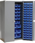 Badass Heavy Duty Deep Door Bin Cabinet Packed With 144 Blue Plastic Sorting Bins For Garage Workspaces Featuring Bulletproof Lock Hasp And Smooth Swing Louvered Panels.