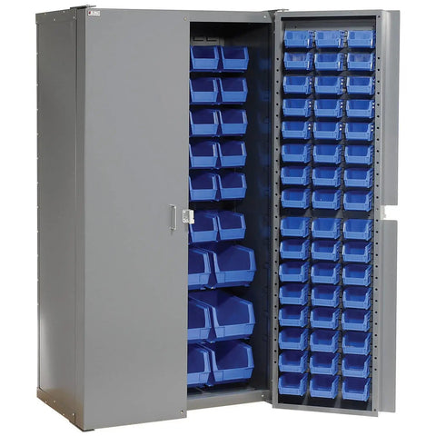 Badass Heavy Duty Deep Door Bin Cabinet Packed With 144 Blue Plastic Sorting Bins For Garage Workspaces Featuring Bulletproof Lock Hasp And Smooth Swing Louvered Panels.