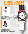 Oil-Water Separation Pressure Regulator with gauge, featuring high-end and standard models for effective pressure control.