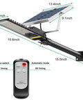 Solar Street Light Outdoor 15000 Lumen Flood Light IP67 Waterproof with remote and mounting bracket dimensions shown
