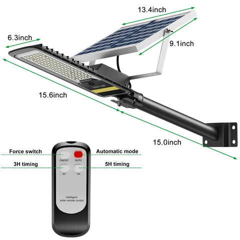 Solar Street Light Outdoor 15000 Lumen Flood Light IP67 Waterproof with remote and mounting bracket dimensions shown