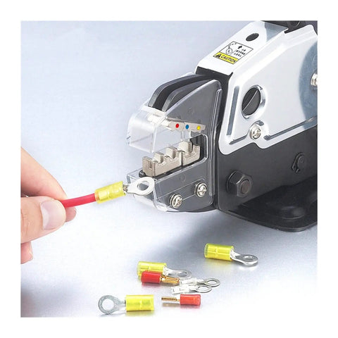 Heavy Duty Pneumatic Crimper Terminal Tool For Fast Electric Wire Compression with a wire being inserted into the crimping die.