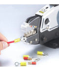 Close-up of FEK 5ND Pneumatic Terminal Crimping Machine Electric Cold Compression Tool connecting a red wire to a terminal.