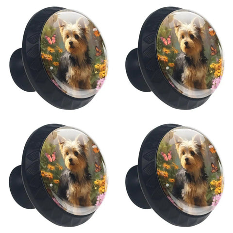 Four Pack Dope Watercolor Dog Themed Cabinet Knobs 1.37 Inch Round Crystal Glass Drawer Pulls with dog and flowers