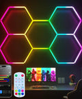 RGB Hexagon Garage Lights With Music Sync, LED Hexagon Wall Panels in gaming room with smart app and remote control shown