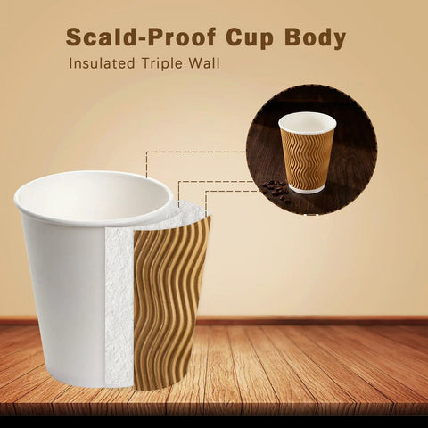 No Sleeve Needed 12 Oz Ripple Wall Corrugated Insulated Paper Cups With Anti Scald Grip For Hot Or Cold Drinks Great For Office Cafe Party Or Travel 120 Pack, showing cutaway of scald-proof triple wall design