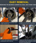 Lower bearing carrier puller with adjustable arms for outboard gearcases; four-step guide with orange gloves.