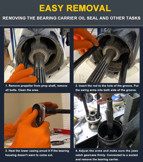 Lower bearing carrier puller with adjustable arms for outboard gearcases; four-step guide with orange gloves.