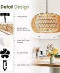 Big Time Upgrade 19 Inch Boho Rattan Chandelier Featuring Five Warm Lights For Farmhouse Dining Rooms detailed design showing ceiling plate and rattan weaving.