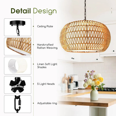 Big Time Upgrade 19 Inch Boho Rattan Chandelier Featuring Five Warm Lights For Farmhouse Dining Rooms detailed design showing ceiling plate and rattan weaving.