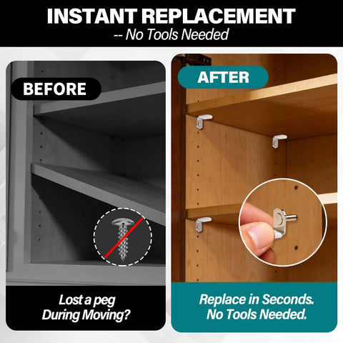 Before and after showing 24 Pack Nickel Plated Shelf Pins And Pegs 5Mm With Anti Slip Caps Rock Solid Design For Kitchen Pantries Home Bookcases Medicine Cabinets.