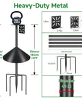 Diagram of Beefy Heavy Duty Adjustable Bird Feeder Pole With Squirrel Baffle And Universal Stand Mount For Backyard And Outdoor Bird Houses And Cameras, showing dimensions and 1 inch steel construction.
