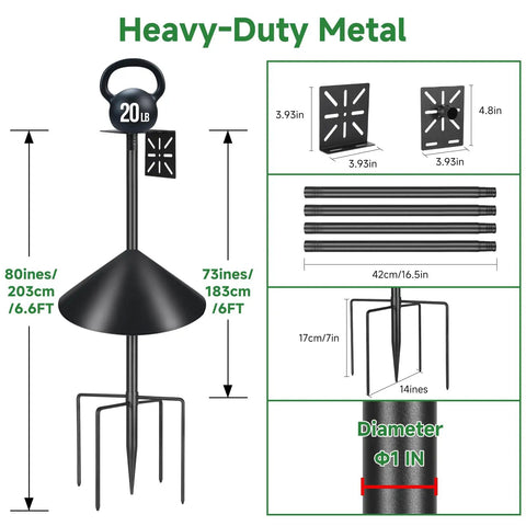 Diagram of Beefy Heavy Duty Adjustable Bird Feeder Pole With Squirrel Baffle And Universal Stand Mount For Backyard And Outdoor Bird Houses And Cameras, showing dimensions and 1 inch steel construction.