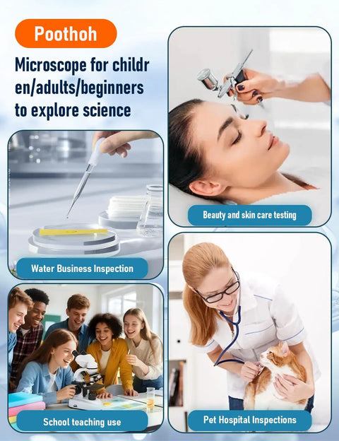 Various uses of Binocular Compound Microscope 40X-2000X With Dual Mechanical Stages, from education to skincare and vet checks.