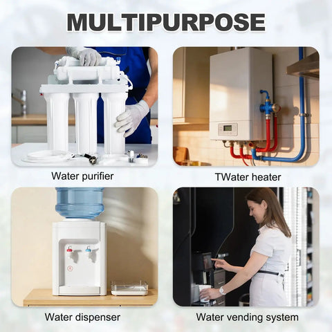Image of a water purifier, water heater, water dispenser, and water vending system labeled as multipurpose devices.