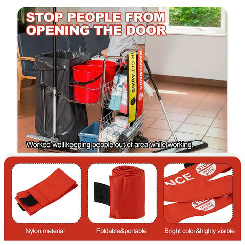 Hecka Visible 4 Pack Closed For Maintenance Magnetic Door Signs For Metal Frames With Bold Red Text And Secure Clips For Retail Shops Or Local Businesses on cleaning cart.