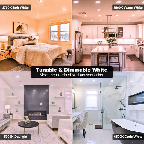 Smart 3 Inch LED Recessed Downlight Kit 6 Pack showcasing tunable dimmable lighting in various home settings from 2700K to 6500K.