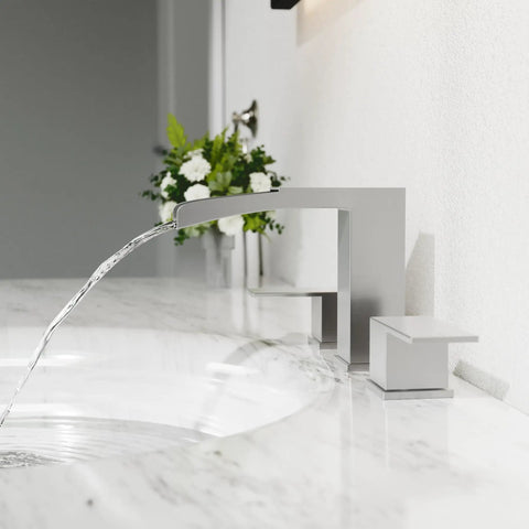 8 Inch Widespread Brushed Nickel Bathroom Faucet With Three Holes And Two Handles Waterfall Style Includes Pop Up Drain Assembly And Metal Supply Lines For Easy Installation And Durable Daily Use