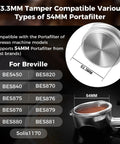 53mm Espresso Tamper Premium Barista Calibrated Spring Loaded One Hundred Percent Stainless Steel Coffee Tamper for 54mm Breville Bottomless Portafilter Silver shown with portafilters
