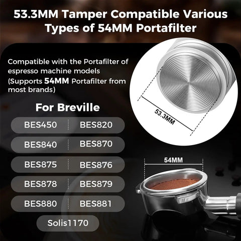 53mm Espresso Tamper Premium Barista Calibrated Spring Loaded One Hundred Percent Stainless Steel Coffee Tamper for 54mm Breville Bottomless Portafilter Silver shown with portafilters