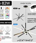 Diagram of Sputnik Style LED Black Chandelier Pendant Light 82W With Remote Dimming, showing adjustable height and dimensions.