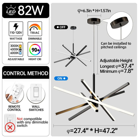 Diagram of Sputnik Style LED Black Chandelier Pendant Light 82W With Remote Dimming, showing adjustable height and dimensions.