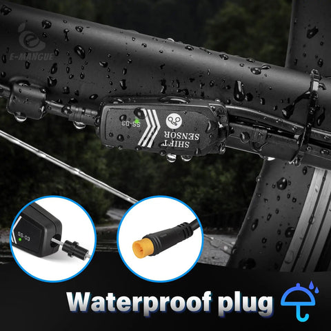 Close-up of Must Have Ebike Gear Shift Sensor for Mid Drive Conversions with IP65 waterproof 3-pin male connector on bike frame.