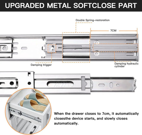 Close-up of 22 Inch Soft Close Drawer Slides Set, Six Pairs Full Extension Ball Bearing Side Mount Runners with damping hydraulic cylinder