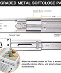 Top Shelf 18 Inch Soft Close Drawer Slides 6 Pair Full Extension Ball Bearing Side Mount Runners showing upgraded metal soft close part.