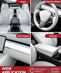 White Leather Recoloring Balm Kit For Tesla Interiors Dope 8-Piece Leather Scratch And Color Restorer Kit in use on seats, steering wheel, door panels, armrest.