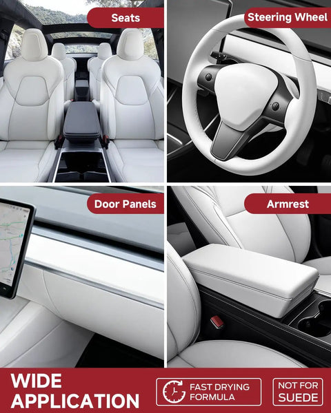 White Leather Recoloring Balm Kit For Tesla Interiors Dope 8-Piece Leather Scratch And Color Restorer Kit in use on seats, steering wheel, door panels, armrest.