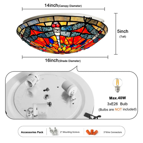Lit Tiffany Style Stained Glass Ceiling Light 3 Lights 16 Inch Flush Mount Fixture showing dimensions and components