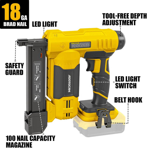 Cordless Brad Nailer For 20V Max Battery Compatible, 2 In 1 Nail Gun with safety guard, LED light, tool-free depth adjustment