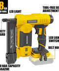 Pro Hustle Cordless Brad Nailer Compatible With DeWalt 20V Max Batteries showcasing LED light, depth adjustment, and safety features.
