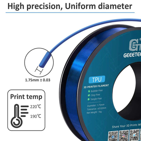 Flexible TPU Filament 1.75mm 95A High Elasticity 3D Printer Filament 1Kg Spool For Daily Wear And Tough Prints Fits Most FDM Printers Clear Blue