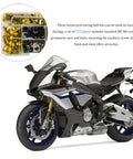 Top Shelf Aluminum Motorcycle Fairing Bolt Kit With Rock Solid Grip For M5 M6 Motorbike Windscreen Screws and Windshield Fasteners Built Damn Tough For Universal Sportbike Maintenance And Heavy Duty Cruising 177 Piece Set in a kit with gold screws and bolts.
