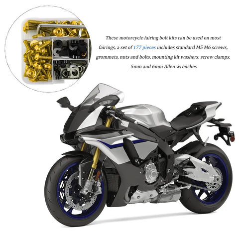 Top Shelf Aluminum Motorcycle Fairing Bolt Kit With Rock Solid Grip For M5 M6 Motorbike Windscreen Screws and Windshield Fasteners Built Damn Tough For Universal Sportbike Maintenance And Heavy Duty Cruising 177 Piece Set in a kit with gold screws and bolts.