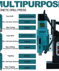Heavy Duty Magnetic Drill Press, 2000W Motor With 16A Power For Metal Surface Drilling specifications chart with coring and drilling measurements.