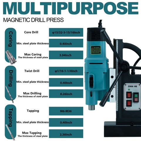 Heavy Duty Magnetic Drill Press, 2000W Motor With 16A Power For Metal Surface Drilling specifications chart with coring and drilling measurements.