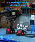 Cordless Brushless Leaf Blower With LED Work Light on table showing dual battery pack and charger for quick yard cleanup
