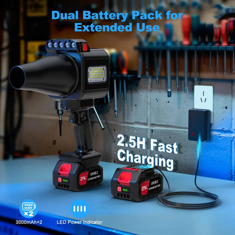 Cordless Brushless Leaf Blower With LED Work Light on table showing dual battery pack and charger for quick yard cleanup
