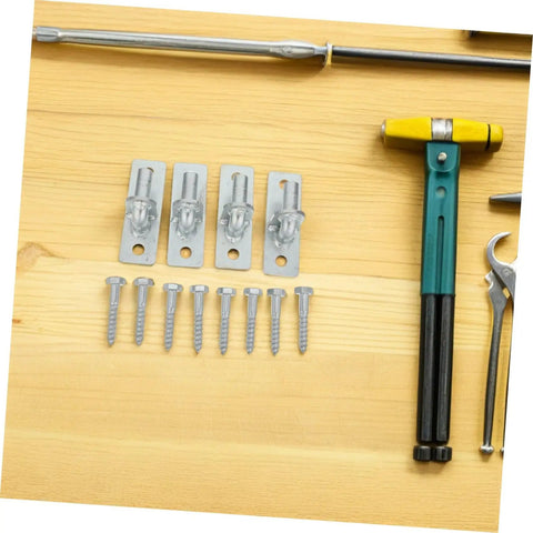 Heavy Duty Wall Mount Gate Hinges Built Tough Galvanized Steel Rust Proof Fence Hardware With Screws For Barn Doors And Exterior Wood Gates Smooth Quiet Swinging All Weather Ready with screws and tools on a wooden surface.
