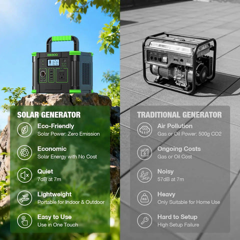 Comparison of Portable Power Station 330W Peak 600W Solar Generator 288Wh and traditional generator on outdoor surface.