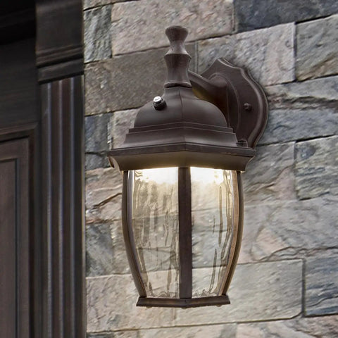 Outdoor Wall Light Sconce With Dusk To Dawn Sensor, 580 Lumens Of Warm 3000K Glow, Clear Water Glass, Aged Bronze Aluminum Base