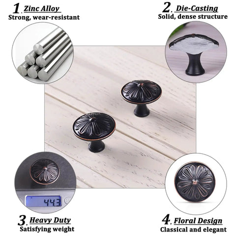 Rock Solid 8 Pack Oil Rubbed Bronze Cabinet Knobs Featuring Heavy Duty Floral Details For Rustic Kitchen Cabinetry And Dresser Drawers Finished In Antiqued Bronze displayed on a wooden surface with intricate floral design.