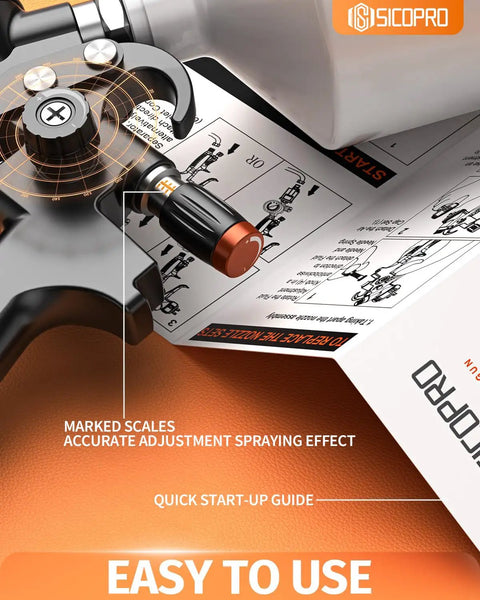 Hustle Ready Lvlp Paint Spray Gun With Built In Oil Water Catcher For Custom Rides And Wood Finishing showing marked scales for adjustments and quick start guide.